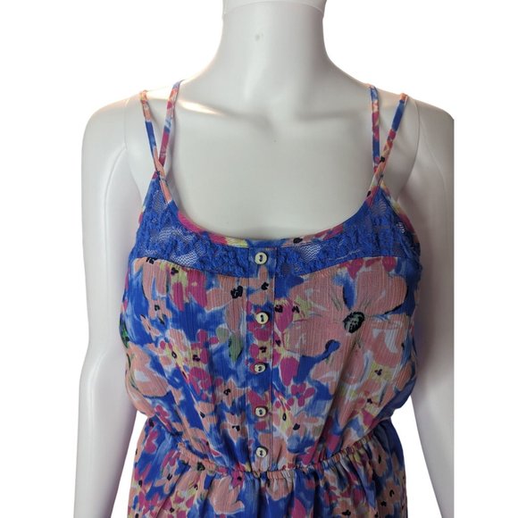Candie's Women's Y2K High-Low Hem Dress Floral Print Blue Lace Panels sz M - Picture 2 of 11